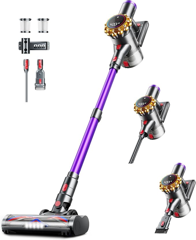 Cordless Vacuum Cleaner,Upgraded 550W 45KPA 60Mins Vacuum Cleaners for Home,Self-Standing Stick Vacuum with LED Display, Anti-Tangle,8 in 1 Lightweight Vacuum Cordless for Pet Hair Carpet Hard Floors