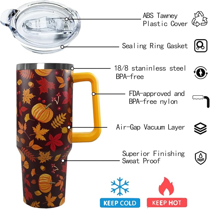 Ceovfoi 40 oz Fall Pumpkin Tumbler Insulated Stainless Tumbler, Autumn Travel Coffee Cup Water Bottle, Thanksgiving