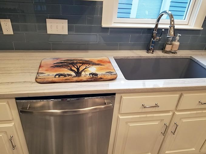 Caroline's Treasures Elephants Savanna Sunrise Dish Drying Mat Absorbent Dish Drying Mat Pad for Kitchen Counter Dish Drainer Mat for Countertop, 14 x 21", Multicolor