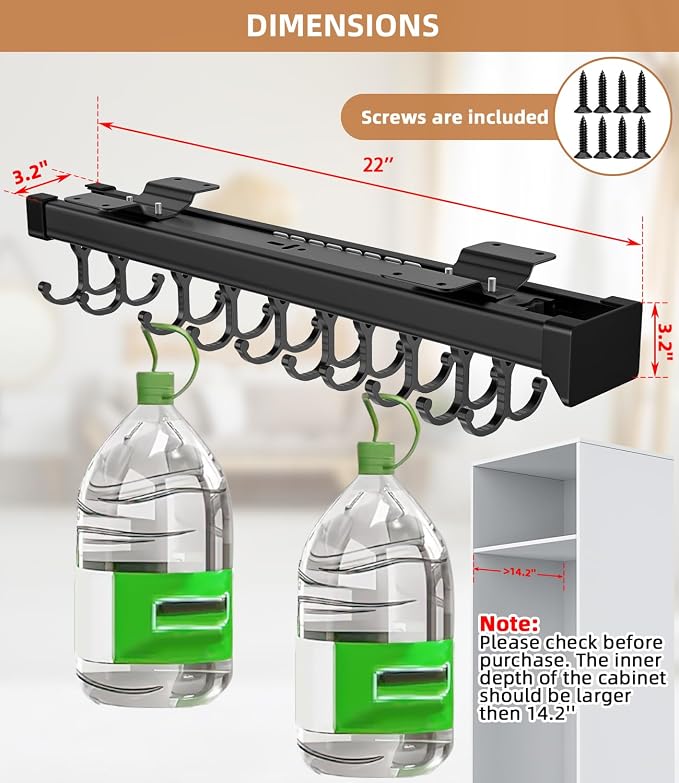 Pull Out Broom Holder With Adjustable Double Row Sliding Hook, Multifunctional Slide Broom And Mop Storage/Organizer Garage Organization Hooks, for Closet Laundry Garage - 56cm/22in