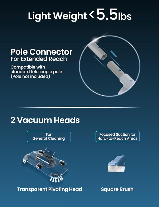 KOKIDO 2026 Rechargeable Cordless Pool Vacuum for Above Ground Pool, Stainless Steel Filter, 15GPM Flow Rate, 90mins, Dual Filters, 2 Vac Heads, Handheld Pool Cleaner Spot Clean Inground Pools, XV510