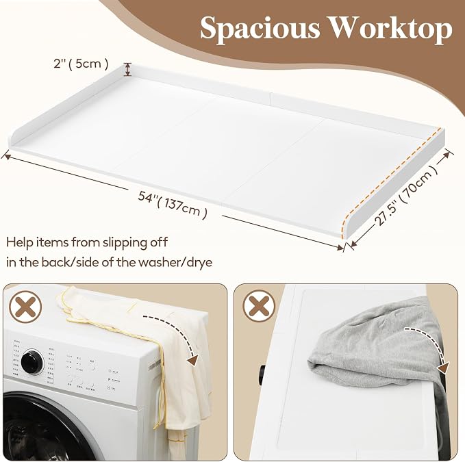 Lifewit Washer Dryer Countertop, Melamine Covers with Edge Rails for The Top, Laundry Room Storage and Organization, Spice Type, Hold 200lbs, White, 54" x 27.5"