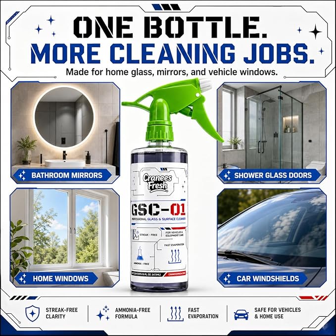 Glass & Surface Cleaner Spray, Streak-Free, Ammonia-Free, Tint Safe, Made in USA Car, Home, Shower Glass, Mirror & Multi-Surface Cleaner with Leak-Resistant Sprayer (16oz)