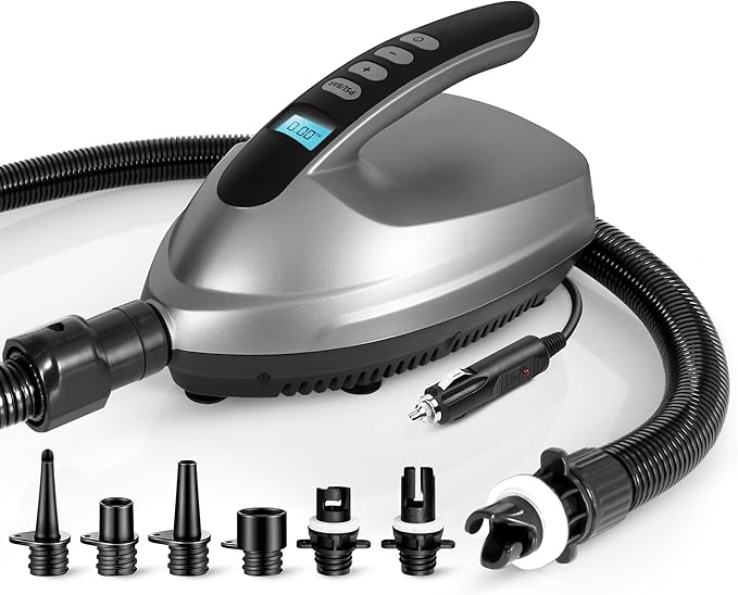 SereneLife Electric Air Pump Compressor – Portable Inflator for SUPs (Stand Up Paddle-Boards) & Pool Inflatables, Digital LCD Display, Adjustable Air Pressure Settings, Car Power Outlet Connection