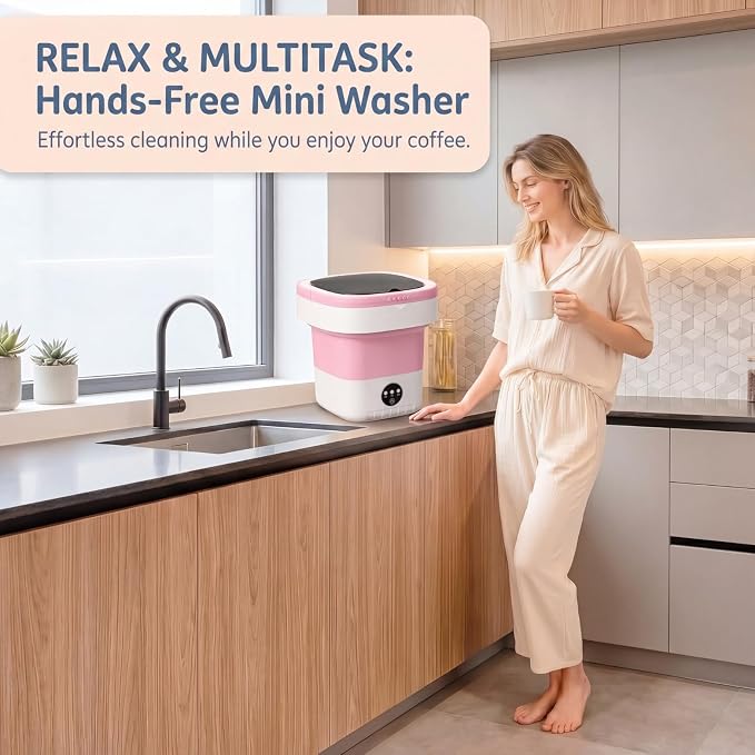 Mini Portable Washing Machine, Foldable 21L/5 Gallon Collapsible Washer, Quiet Compact Laundry Bucket for Dorm, Apartment, RV, Camping, and Travel, Light Pink