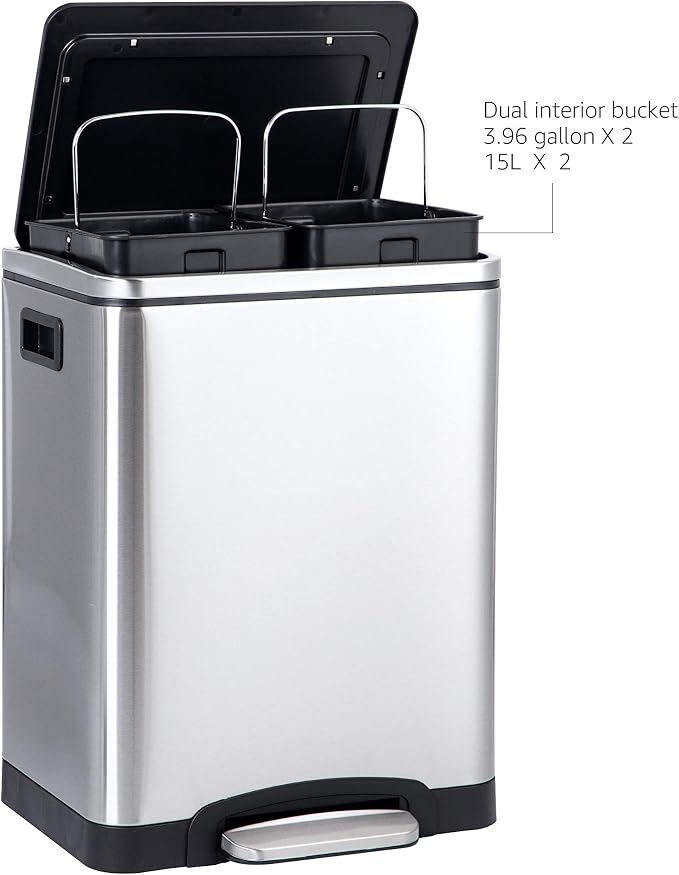 Amazon Basics 30L Dual Bin Soft-Close Trash can with Foot Pedal - 2 x 15 Liter Bins, Stainless Steel, Small Inner bins, Suitable for 1 or 2 People