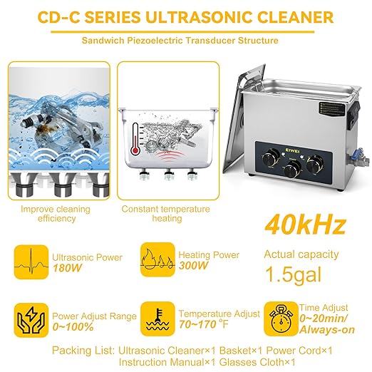 6L Ultrasonic Cleaner Professional Power-Adjustable Knob Jewelry Cleaning Machine with Heater Timer for Carburetor, Jewelry, Glasses, Dentures, Circuit Boards, Automotive Parts