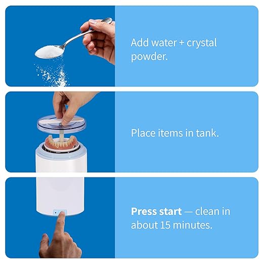 iSonic Portable Ultrasonic Cleaner + Cleaning Crystal Powder Mix Bundle for Dentures, Aligners, & Retainers – Deep Cleaning System for Stains, Odors & Buildup Removal
