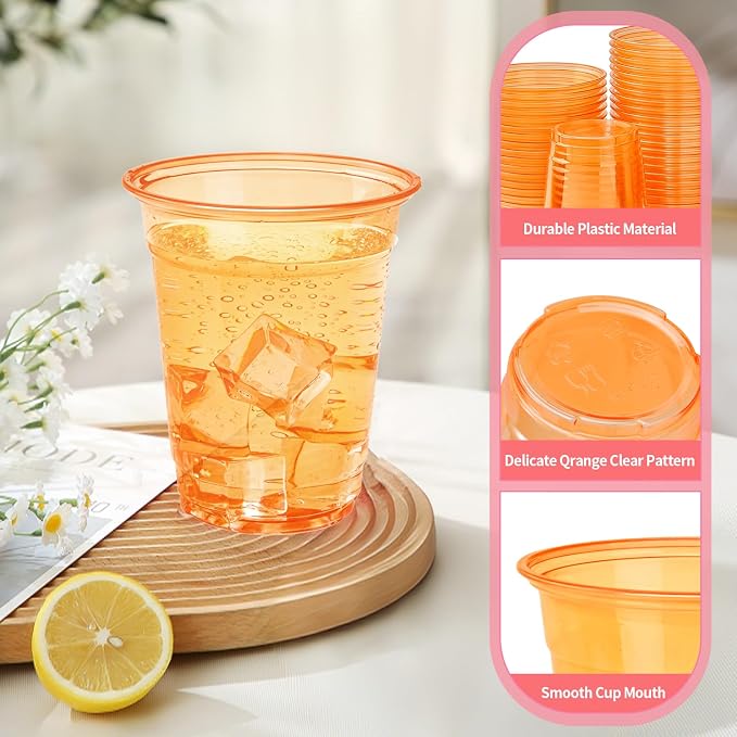 50 Pack Orange Clear Plastic Cups 12 oz Disposable Drinking Cups for Fall Wedding Orange Birthday Party Supplies