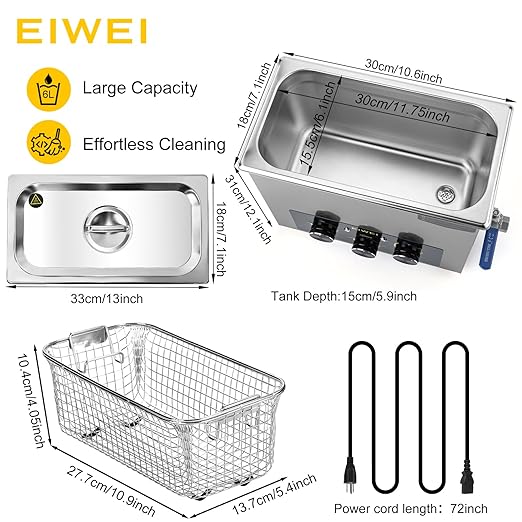 6L Ultrasonic Cleaner Professional Power-Adjustable Knob Jewelry Cleaning Machine with Heater Timer for Carburetor, Jewelry, Glasses, Dentures, Circuit Boards, Automotive Parts