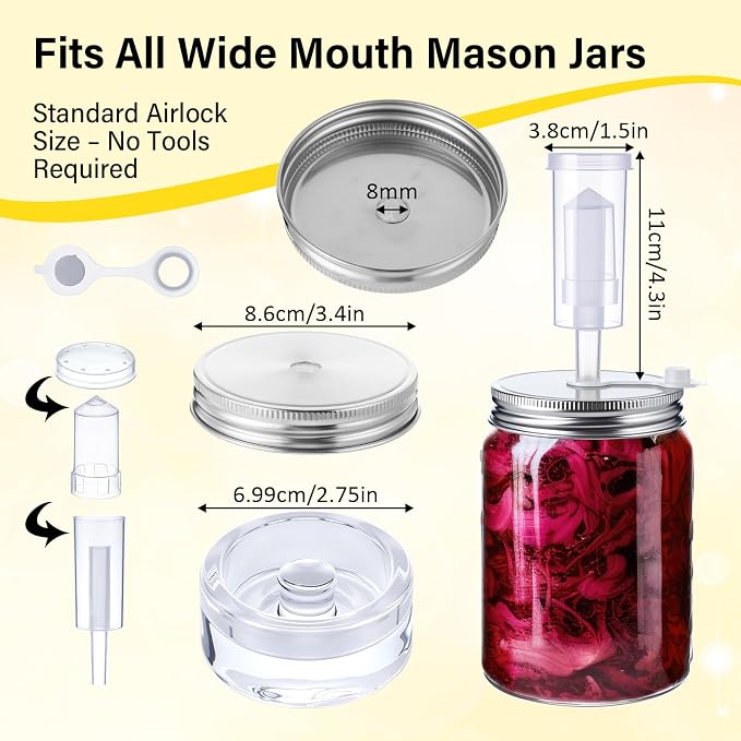 8 Set Fermentation Kit for Wide Mouth Mason Jar Pickling Sauerkraut Kit with 8 Airlocks, 8 Fermenting Lids, 8 Glass Weights, 8 Silicone Rings & Grommets (Jars Not Included)