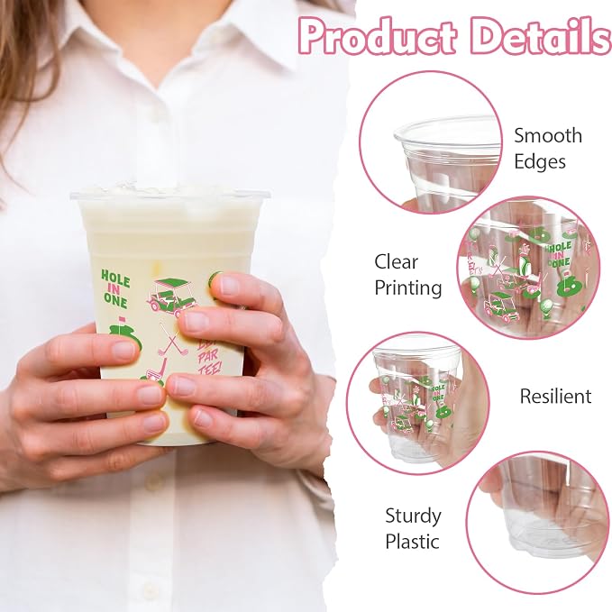 100Pcs Masters Golf Ball Plastic Party Cups, 12oz Pink Green Golf Disposable Clear Cups for Home Sports Party Decorations, Birthday, Holiday Gatherings Favors