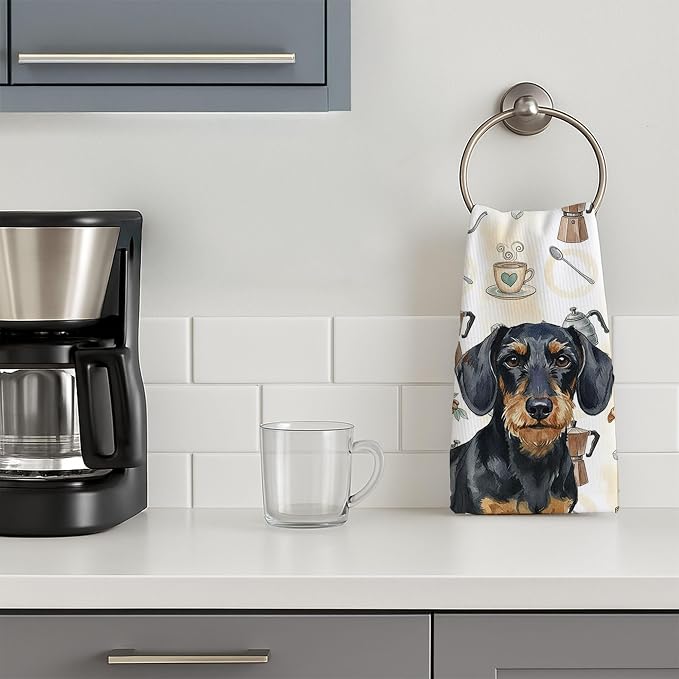 Caroline's Treasures Wirehaired Black and Tan Dachshund Coffee Bar Kitchen Towel Velour Plush Front and Cotton Loop Back Machine Washable