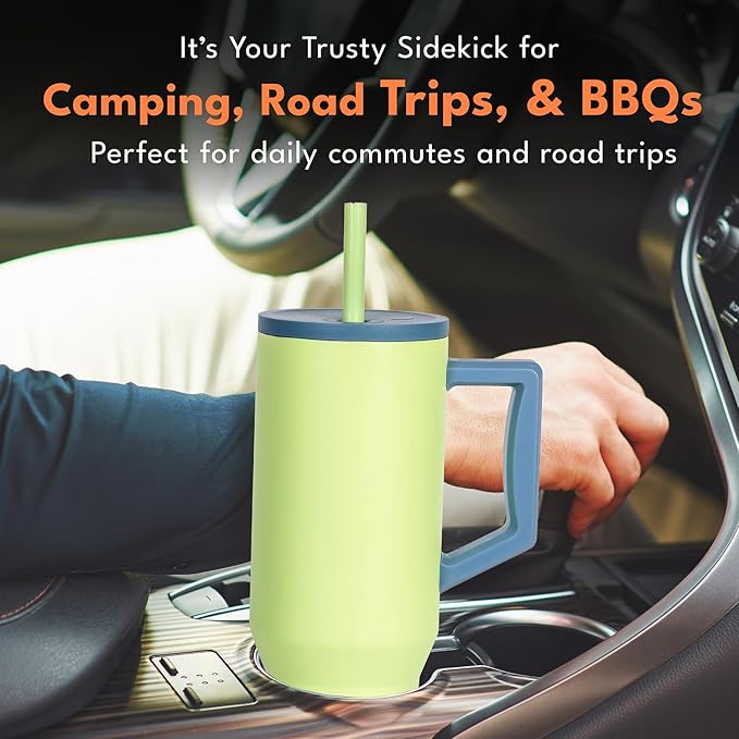 Elemental 40 oz Tumbler with Handle and Straw - Spill Proof Insulated Stainless Steel Commuter for Cold Beverages - Travel Coffee Mug with 2 Straws & Spill Proof Lid - 40oz - Sage Mist
