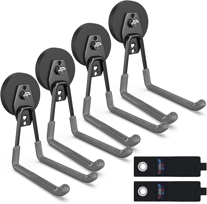 3-H Extra Strong Magnetic Hooks,Heavy Duty Large Anti-Slip Magnet Hooks U Shape,No-Drill Tool Holder for Garage,Power Drill,Garden Tools,Hose Storage,4 Pack Gray