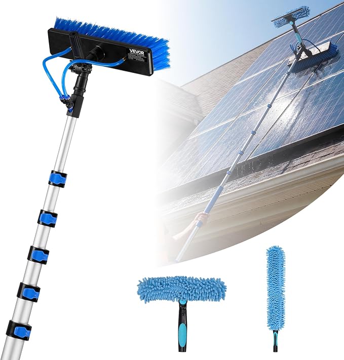 VEVOR Solar Panel Cleaning Kit, 33 ft, Water Fed Pole Kit with Cleaning Brush, Soap Dispenser, Extendable Aluminum Telescopic Pole, 180° Rotatable Brush Head, for Roof Mounted Solar Panels, Windows