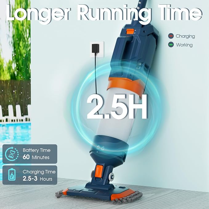 Cordless Pool Vacuum-25 Micron Fluff Ultra Fine Filter, 98inch,True Powerful Suction 18.9GPM,1H Runtime, Handheld Rechargeable Hot Tub Cleaner with Poles for Above Ground&Inground Pool