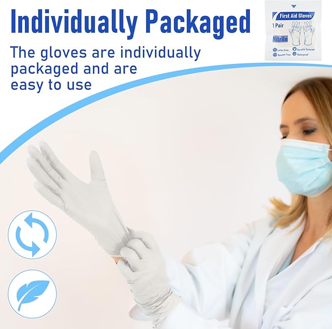 Chicingyou 50 Pairs Disposable Emergency Glove Individually Packaged Travel Gloves Travel Trauma Essential Nitrile Glove (White)