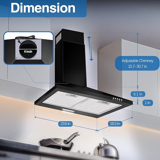 SNDOAS Range Hood 24 inch, 450 CFM Black Range Hood Wall Mount, Ducted/Ductless Convertible Kitchen Vent Hood, Chimney-Style Hood Vents for Kitchen with 3-speed, Push Button & Mesh Filters