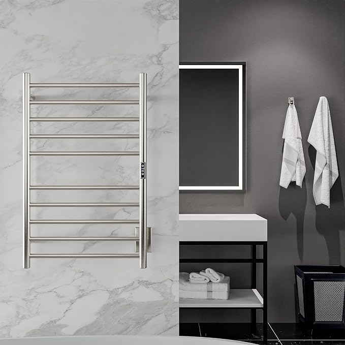 ANZZI Bali Modern 10-Bar Wall Mounted Towel Warmer in Brushed Nickel, Energy Efficient 80W Electric Plug in Heated Towel Rack for Bathroom, Towel Heater Rail with On/Off Switch, TW-AZ075BN