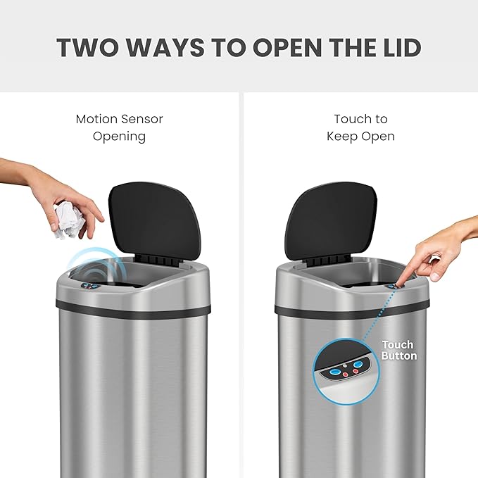 SensorCan 13 Gallon Touchless Sensor Odor Control System, Stainless Steel Oval Shape Automatic Garbage Bin, Base Model Trash Can