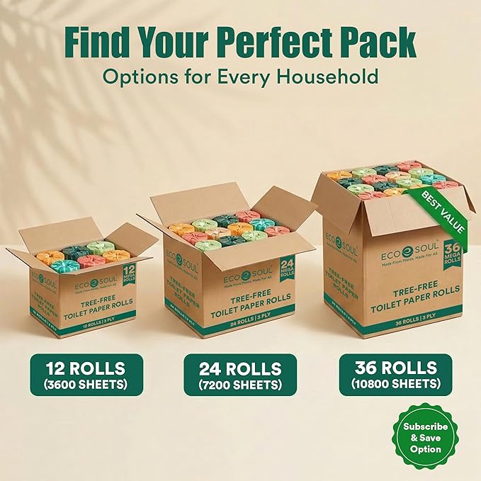 Eco Soul Premium Bamboo Toilet Paper 3 Ply | 36 Mega Rolls | 300 Sheets Each | FSC Certified Hypoallergenic, Textured & Skin-Friendly Septic-Safe Soft Bathroom Tissue Eco-Friendly Chemical & Dye Free