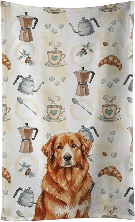 Caroline's Treasures Reddish Brown Great Pyrenees Coffee Bar Kitchen Towel Velour Plush Front and Cotton Loop Back Machine Washable