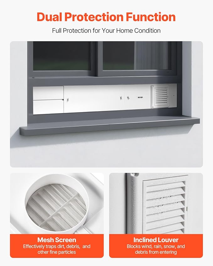 VEVOR Dryer Vent Window Kit, Fits 4-Inch Exhaust Hoses, Adjustable Length for Adapts Sliding Windows of Different Heights, Sturdy PVC and PP Materials, Dual Protections & Multi-layer Sealing Design