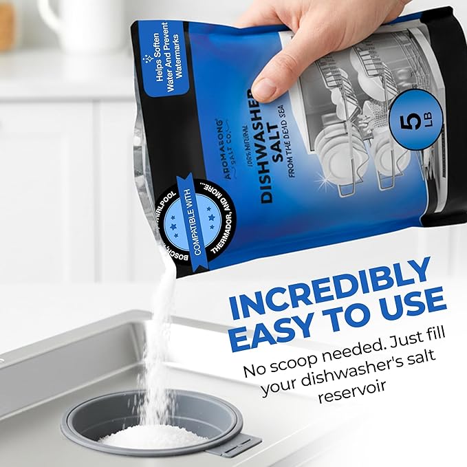 Aromasong Dishwasher Salt 10 LB - 100% Natural Water Softening Agent Compatible with Bosch, Miele, Whirlpool, Thermador and Mor... For Cleaner Dishes & Washer Reactivation (packaging may vary)
