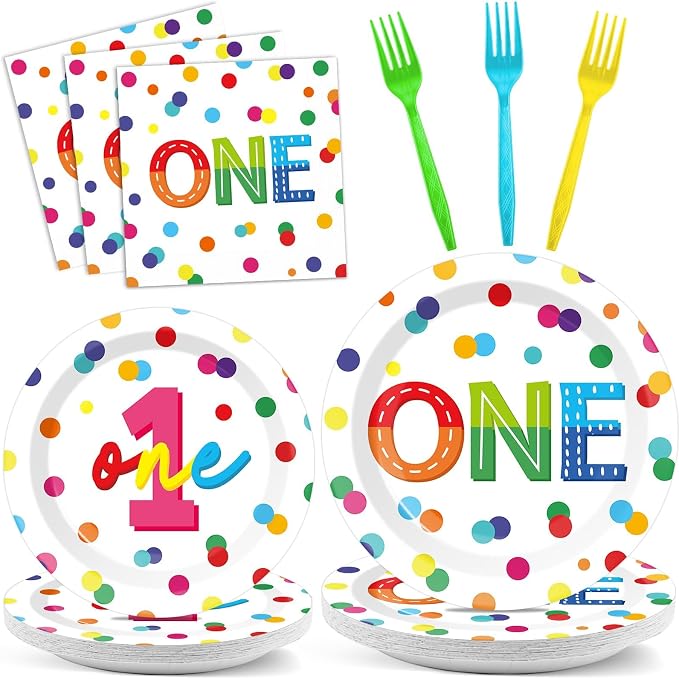 CHUNNIN 96pcs Rainbow 1st Birthday Plates and Napkins Confetti Happy Birthday Party Decorations with Polka Dot Confetti Dessert Plates Colorful 1st Tableware for 24 Guests 1 Year Old Party Supplies