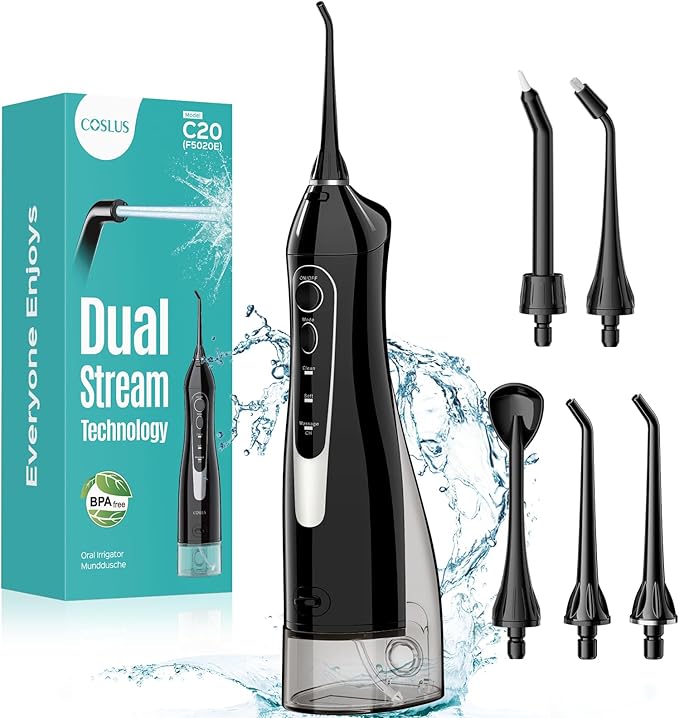 COSLUS Water Dental Flosser Teeth Pick C20: Portable Cordless Oral Irrigator 300ML Rechargeable Travel Irrigation Cleaner IPX7 Waterproof Electric Flossing Machine for Teeth Cleaning, Black