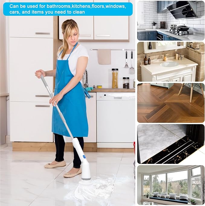 Electric Spin Scrubber, Cordless Cleaning Brush with 6 Replaceable Brush Heads, Adjustable Extension Handle, Power Cleaning Brush for Bathroom, Kitchen, Car, Tile, Wall, Tub and Floor (White)