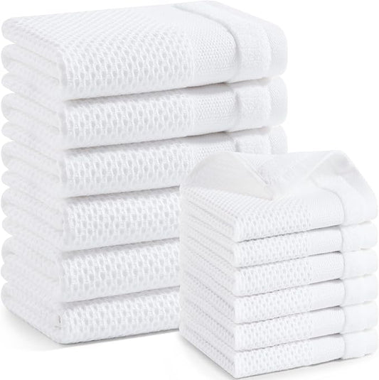 Homaxy Kitchen Towels and Dishcloths Set, 12 x 12 and 13 x 28 Inches, Set of 12 100% Cotton Waffle Weave Kitchen Towels, Super Soft and Absorbent Dish Cloths, White