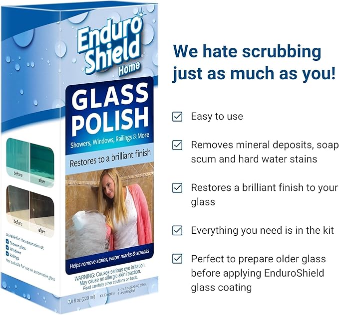 EnduroShield Shower Door Glass Polish – Water Spot Remover & Hard Water Stain Cleaner for Cloudy Shower Doors – Removes Soap Scum, Limescale & More – 7.4 fl oz