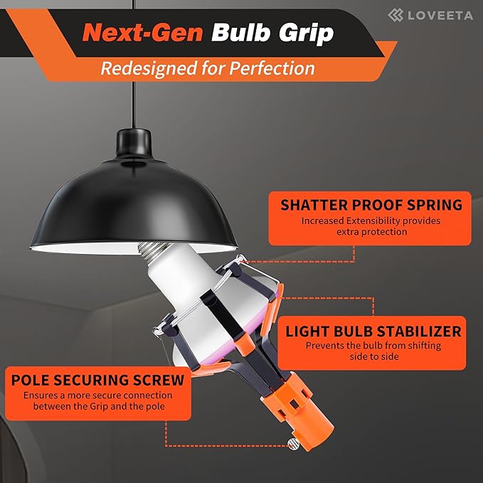 LOVEETA® Gen2 12Ft [18Ft Reach] Lightweight Extendable Light Bulb Changer Pole for High Ceilings – Telescopic Light Bulb Pole Changer with Bulb Gripper - Champagne Gold