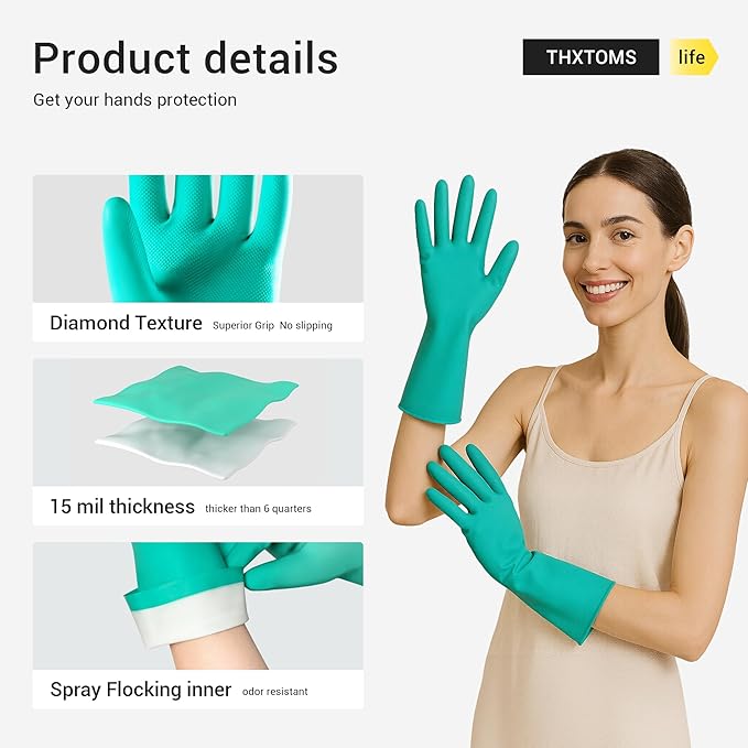 ThxToms 5 Pairs Nitrile Chemical Resistant Gloves, 15mil,13", Reusable Latex Rubber Free Heavy Duty Gloves, Acid Alkali Oil Protection, Industrial Use and Household Cleaning, Non-Slip, X-Large
