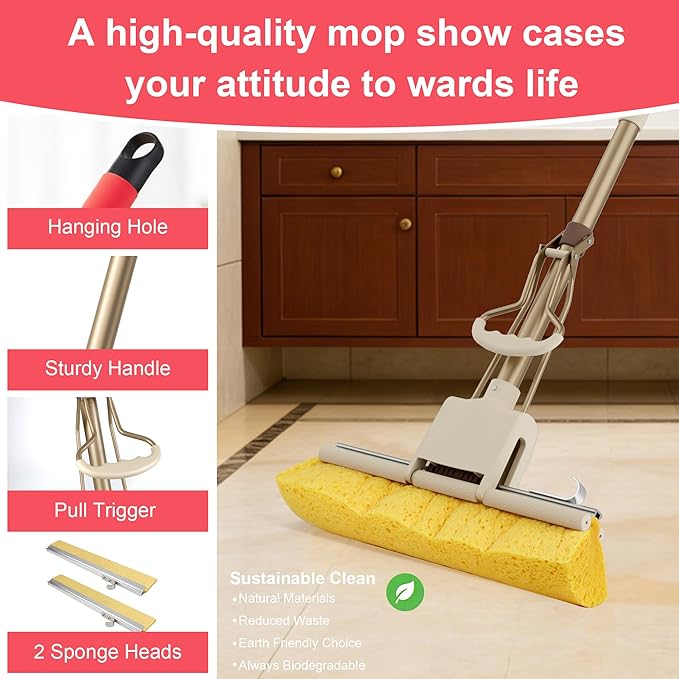 LILAC Cellulose Sponge Mop with 2 Replacement Heads, 4-Color Handle Choices for Zoned Cleaning, Super Absorbent Pop Up Roller Mop for Hardwood,Laminate Floors, Heavy Duty Floor Scrubber (Red)