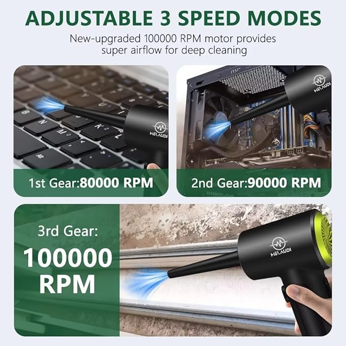 Compressed Air Duster, 3-Speed Cordless Electric Air Duster with LED Light, 100,000 RPM Air Blower, 6000mAh Rechargeable Battery, 7-Piece Accessory Set