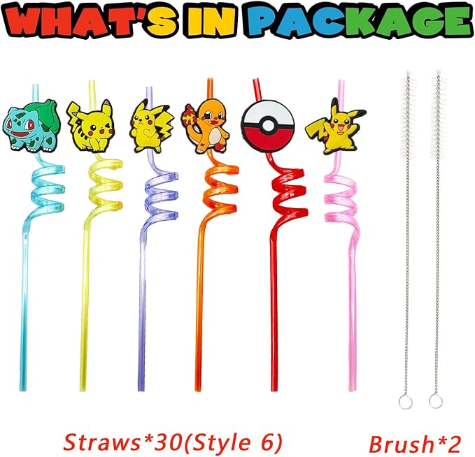 30pcs Electric mouse Straws Pokemon Party Supplies Favors With 2pcs Cleaning Brush Plastic Reusable Straws Birthday Party Supplies For Boys Girls