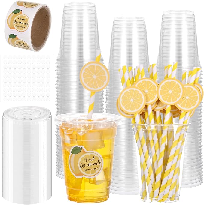 100Pcs Lemon Disposable Plastic Cups with Lids and Straws, 12Oz Party Cups Lemon Cold Beverage Drinking Cups with Stickers for lemonade Stand Supplies Summer Iced Coffee Smoothie Juice Tea