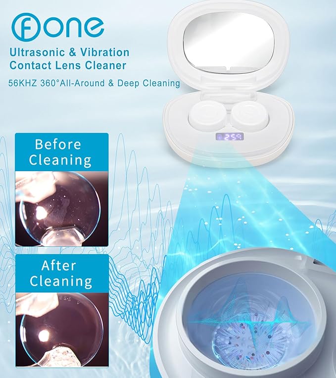 ofone Contact Lens Cleaner, Ultrasonic Contact Lens Cleaning Machine with USB Charger, Timer Display and 5 Contact Solution Cases Kit Replacement for Soft Hard Colored RGP Lenses (White)