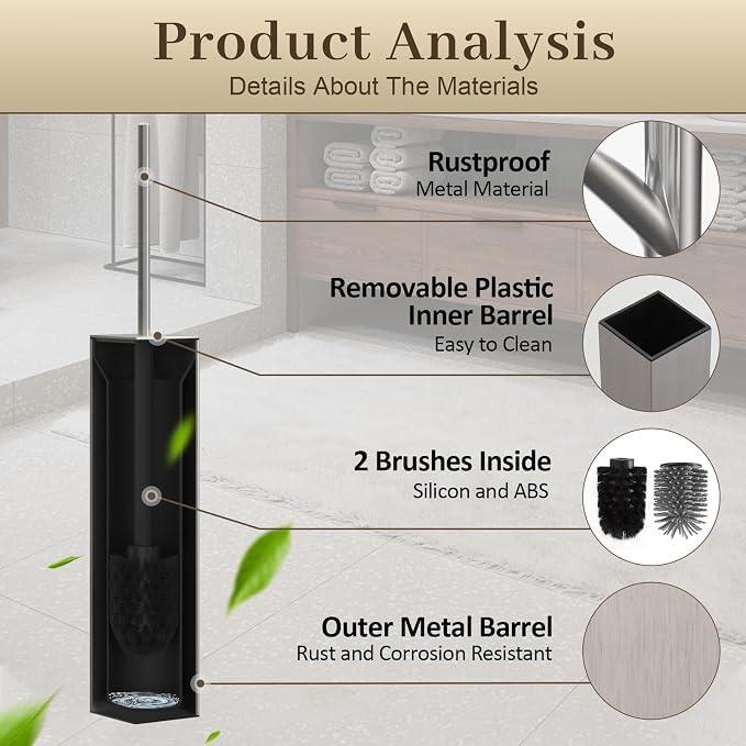 Toilet Brush and Holder Wall Mounted, Brushed Nickel Aluminum with 2 Replaceable Heads, Bathroom Toilet Brush, Drill or 3M Adhesive Mount for Bathroom