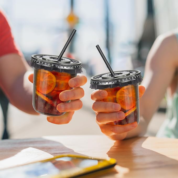 12oz Disposable Stemless Glasses with Flat Lids and Straws,PET Disposable Drinking Cups,Clear Plastic Wine Glasses for Parties Birthday,Wedding,Meeting,Christmas Party Supplies. (100, Black)