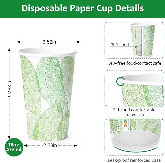 16oz 180Count Compostable Paper Cups, Plant-Based Disposable Coffee Cups with PLA Lining, Perfect for Hot & Cold Drinks, Coffee, Party, Office & Daily Use