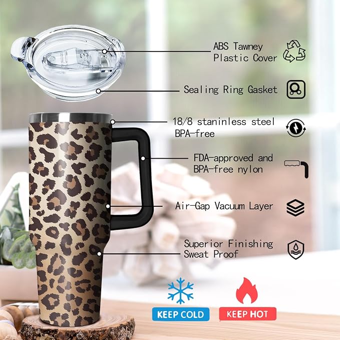 Ceovfoi 40 Oz Tumbler With Handle, Leopard Print Cheetah Coffee Travel Mug Cup, Water Bottle, Decor, Gifts for Women