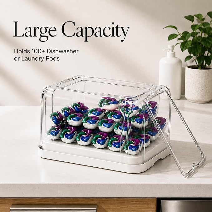 Trash Bag Holder and Dishwasher Pod Dispenser with 2 Bamboo Lid Storage Containers, Clear Acrylic Under Sink Organizer for Garbage Bags, Laundry Detergent Pods & Tabs, Kitchen Pantry Laundry Room