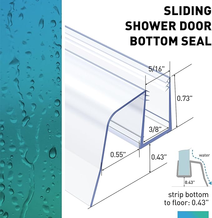 Sliding Shower Door Bottom Seal, 2 PCS 5/16" x 36" Sliding Shower Door Sweep for 5/16 Inch Glass, Frameless Glass Door Seal Strip Stop Shower Leaks and Create a Water Barrier