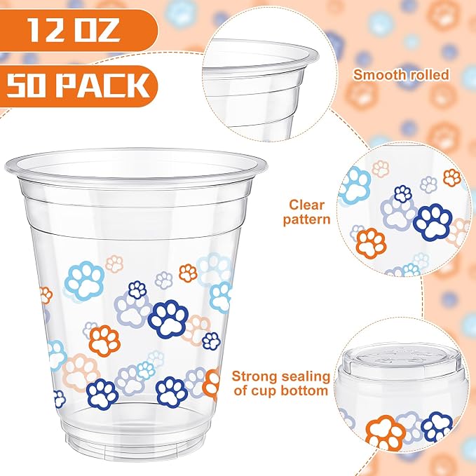 Uiifan 50 Pcs Blue Dog Paw Plastic Cups Paw Print Birthday Party Supplies 12 oz Disposable Plastic Puppy Cups Cartoon Blue Orange Party Decorations for Patter Hot Cold Drinking Ice Coffee
