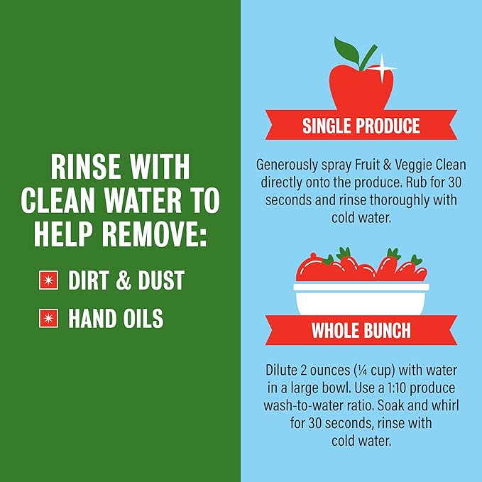 Rebel Green Fruit & Veggie Clean - Plant-Based Produce Cleaner - Natural Fruit and Vegetable Wash with No Aftertaste - Chemical & Wax Removal - Made with Organic Extracts of Citrus - 2 Pack 16 FL OZ