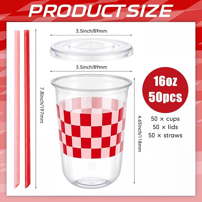 LemonRoad 50sets 16oz Red Checkered Cups Race Car Birthday Party Decorations Supplies Plastic Cups Disposable with Lids and Straws for Racing Party Christmas Birthday Wedding Baby Shower Decoration